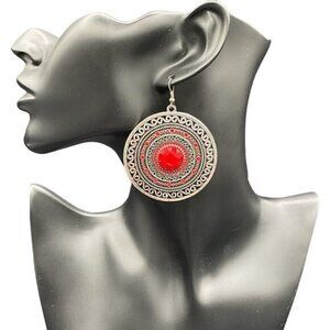 Bohemian Silver & Red Statement Earrings Dangle Drop Round